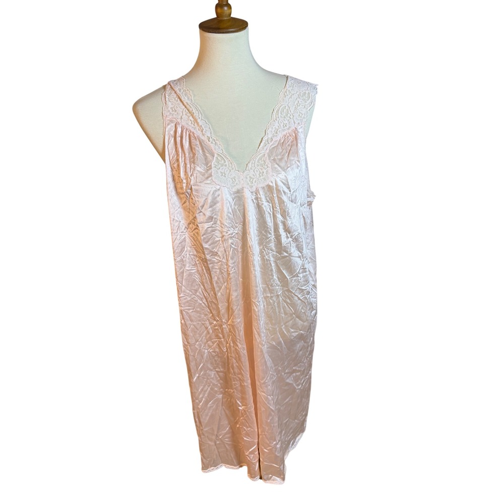 Vintage Pink Satin Lace Trim Nightgown Sleep Dress Lingerie Sexy‎ large